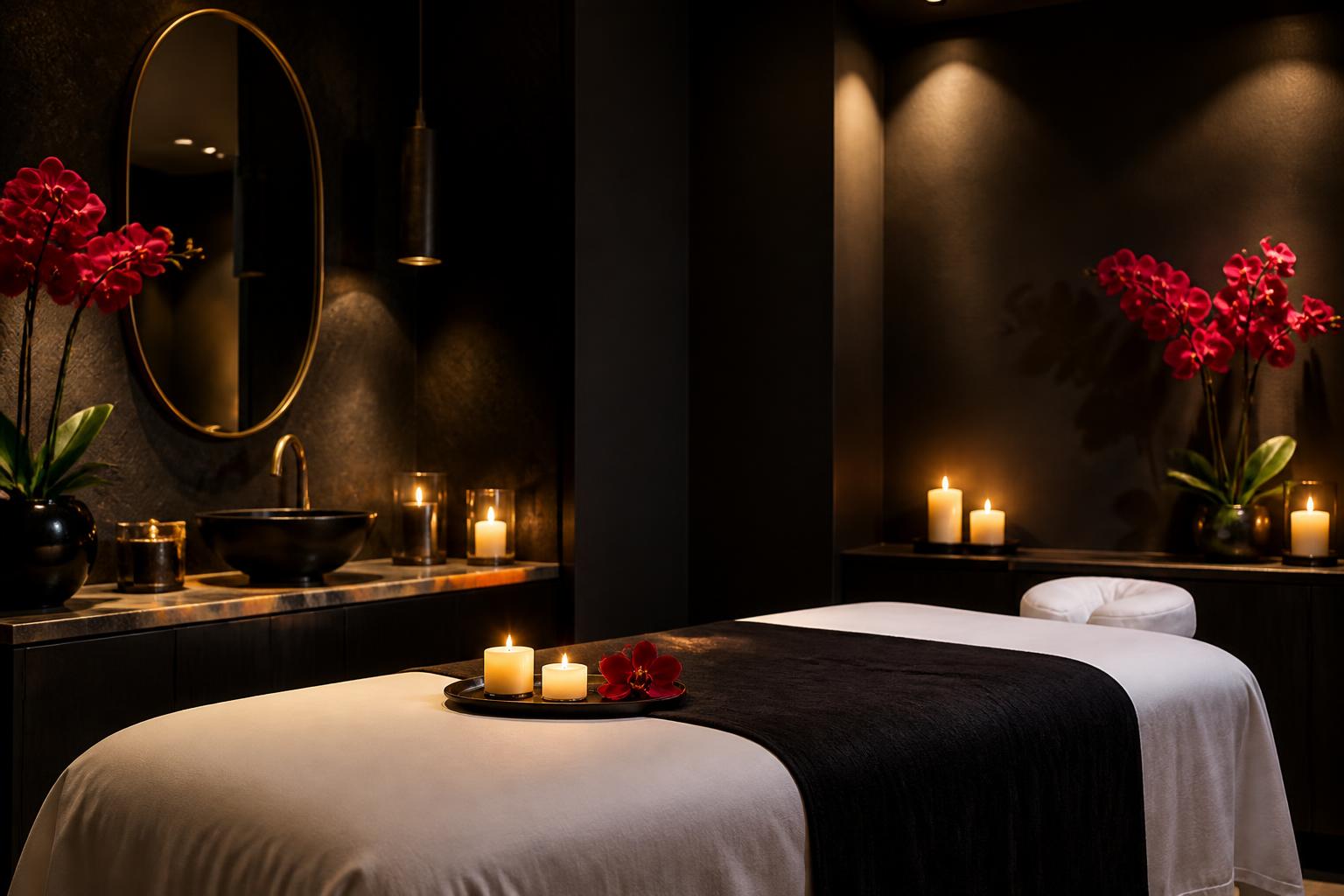 Candlelit massage room with red orchids at Cataleya