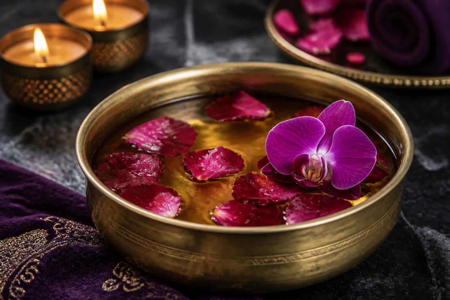 Brass bowl with rose petals and orchid
